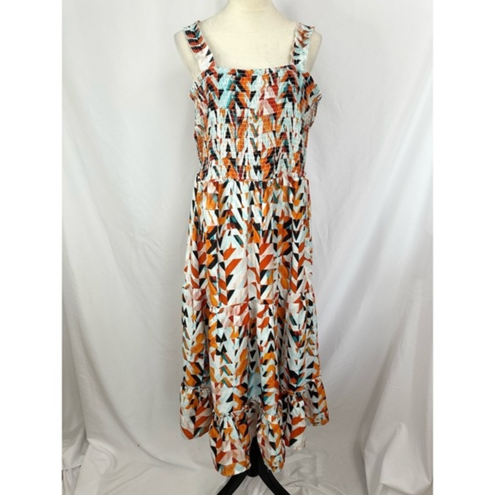 Mile Gabrielle Maxi Dress Womens 3X Bright Geometric Print Ruffled Straps‎